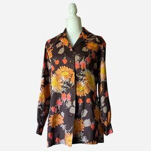 1960s/1970s Vintage Brown Floral Long Sleeve Blouse